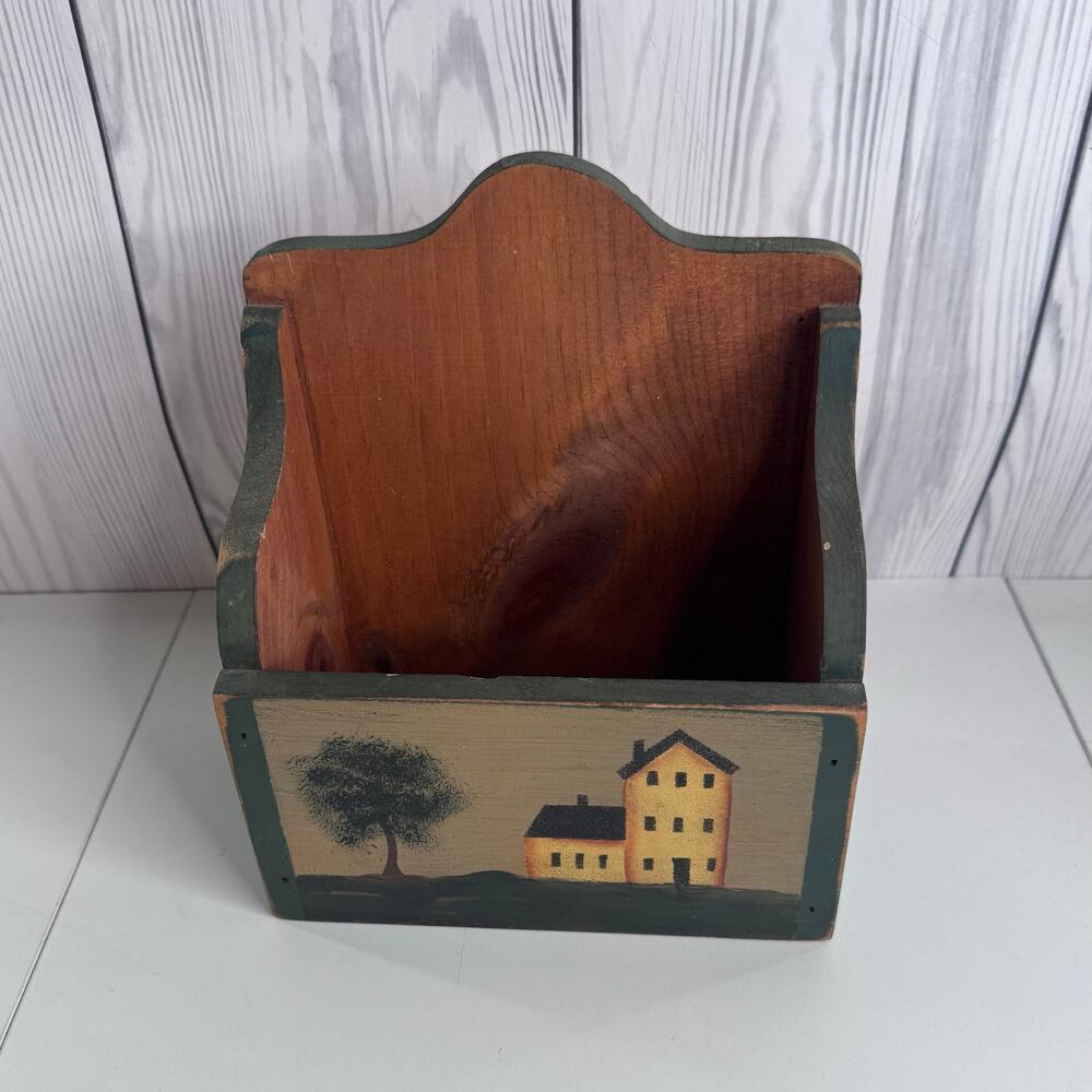 Primitive Wall Box Painted Village Folk Art Cottage Mail Keys 8x10